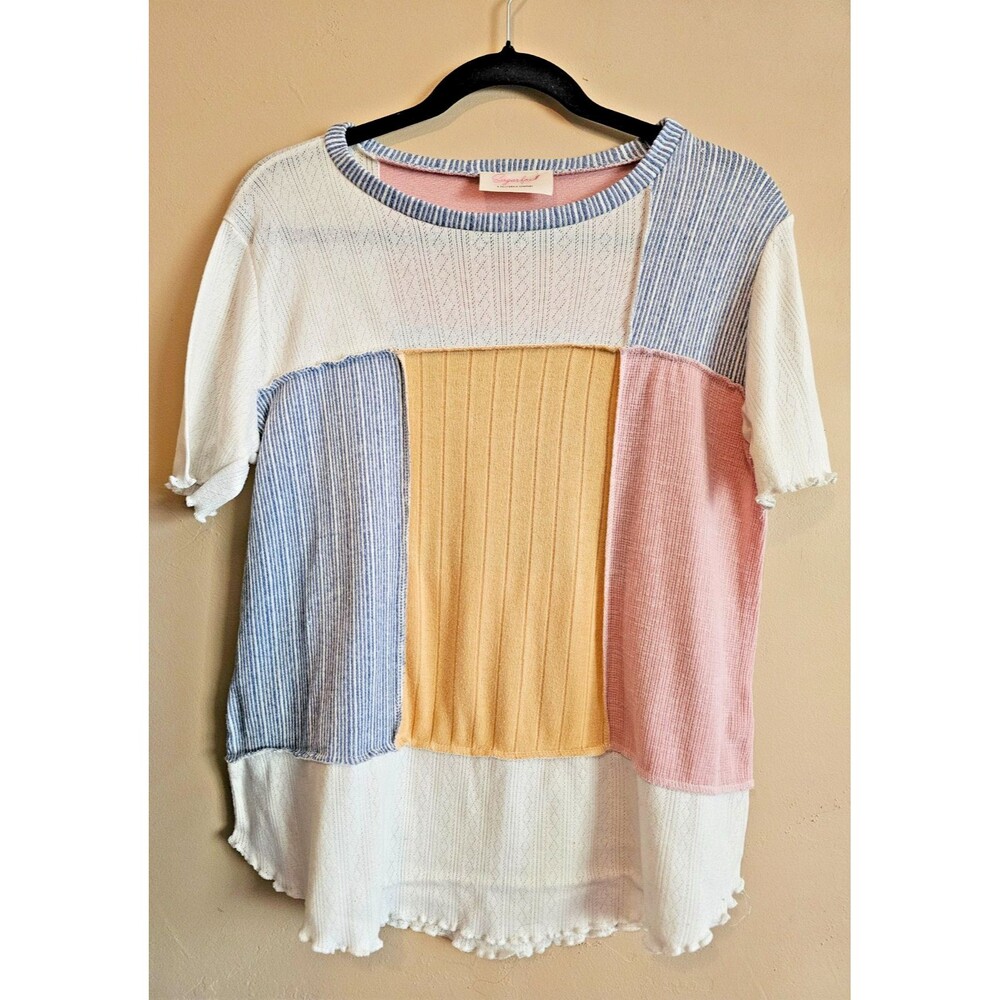 Sugarfox Sweater Womens S  Mixed Print Patchwork Knit Long Sleeve Pullover Top